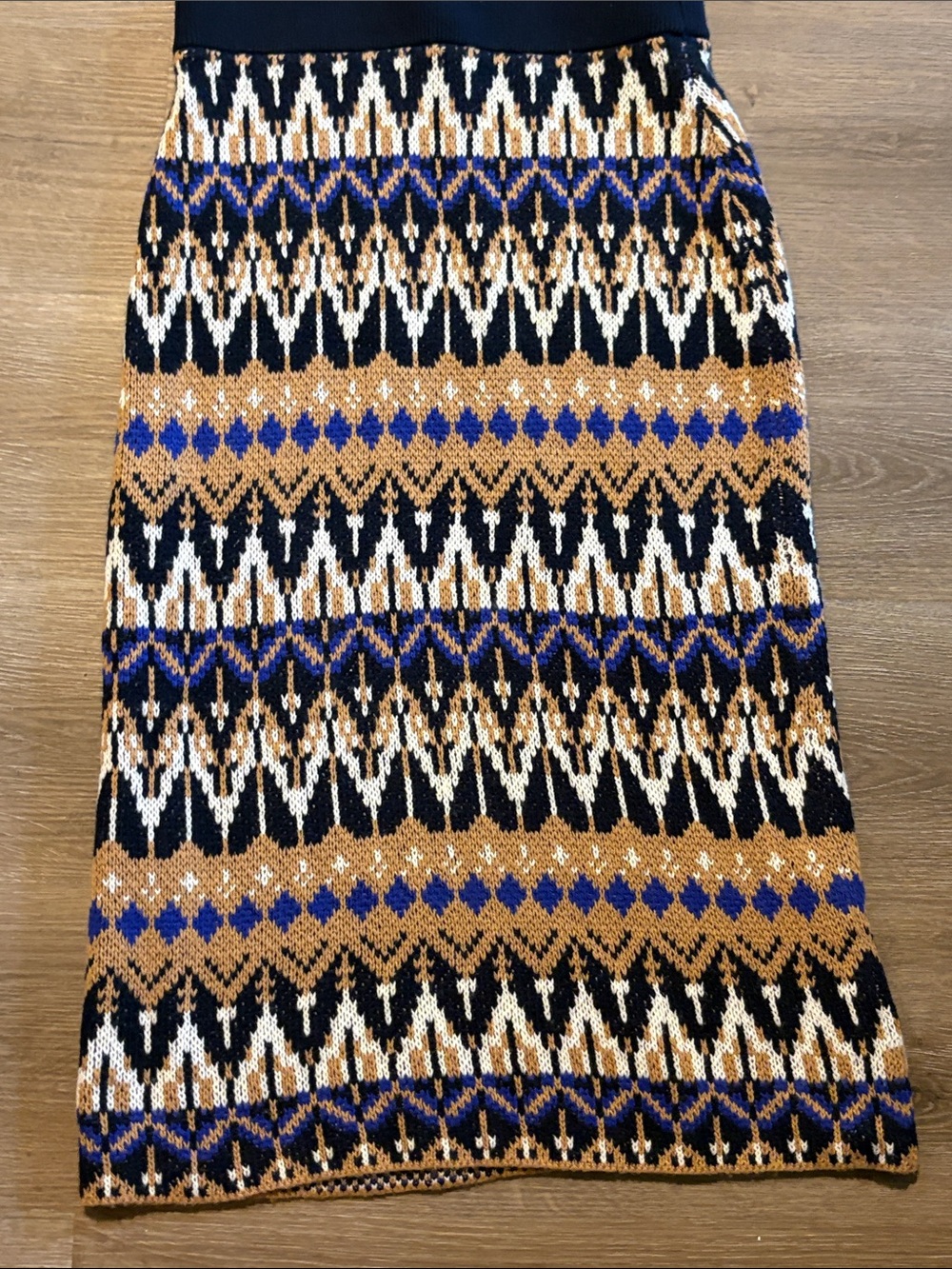 Anthropologie Black, Blue & Tan Geometric Knit Pencil Skirt